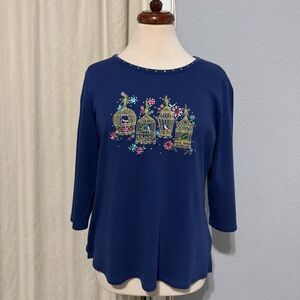 Vintage Quacker Factory Navy Top with Beautiful Birdcage Embroidery 3/4 Sleeve M